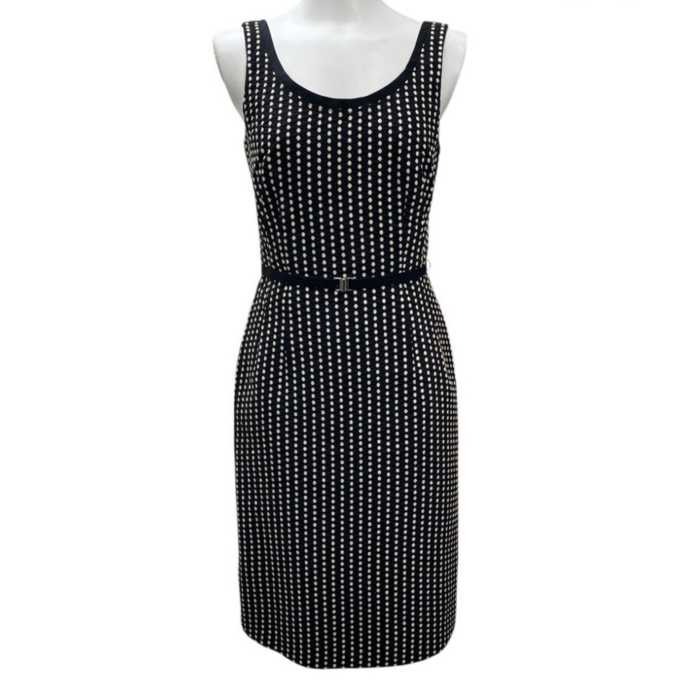 Hugo Boss Sleeveless Body Contouring Classic Polka Dot Dress with Belt, size 2